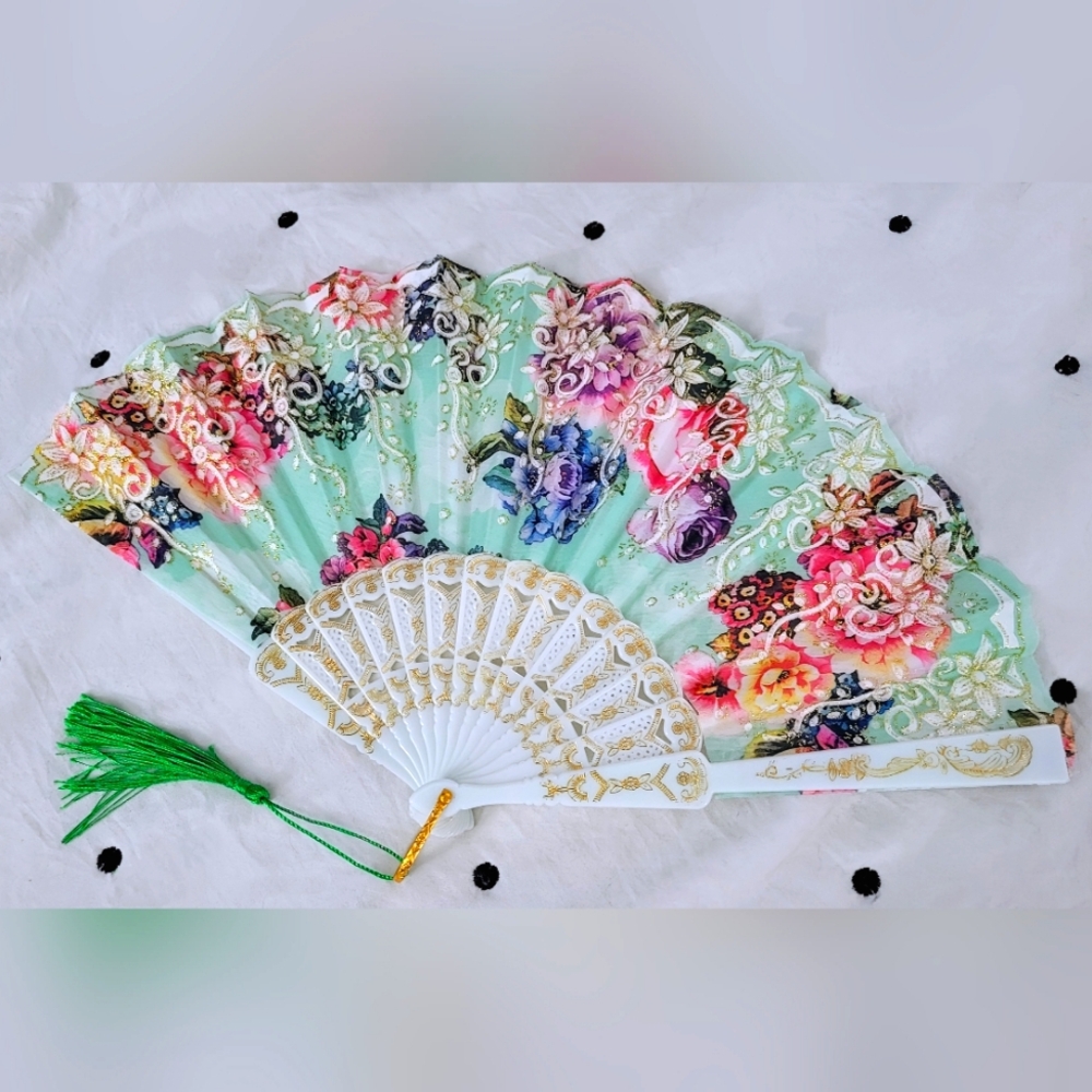Mint Green Floral Glitter-Accented Asian/Spanish Style Foldable Fan